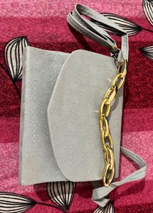 Stylish Grey Handbag with Gold Chain