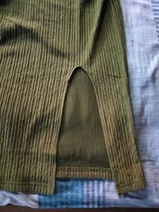 Olive Ribbed Midi Dress with Slit