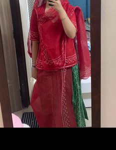 Red Bandhani Print Rajputi Poshak