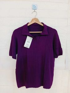 Elegant Purple Collared Short Sleeve Knit Top