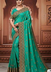 Elegant Turquoise Embroidered Saree Jari work, pea