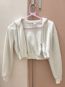 Cream Cropped Zip-Up Hoodie