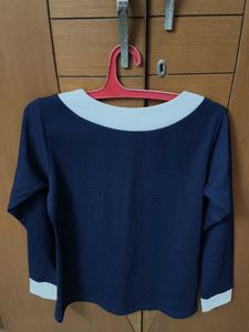 Navy Blue Long Sleeve Top with White Collar