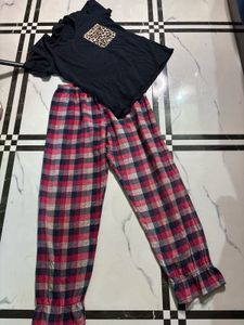 Cozy Plaid Pajama Set with Leopard Pocket