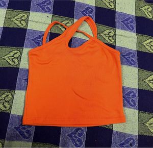 Orange Ribbed Halter Neck Crop Top