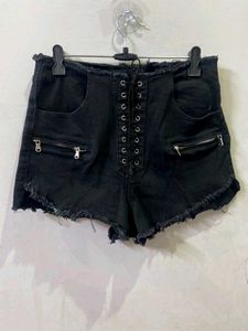 Black Lace-Up Denim Shorts