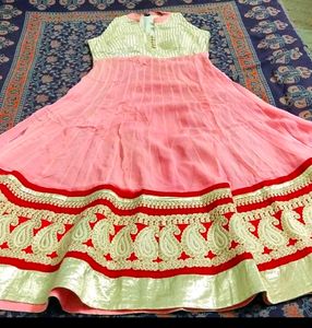 Georgette Peach &amp;Golden Long Kurta, Sleeveless, Em
