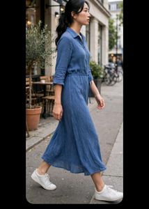 Blue Button-Front Midi Shirt Dress