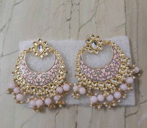 Contemporary  pink Chandbali Earrings with Pearls