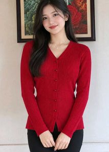 Chic Red Ribbed Knit Cardigan
