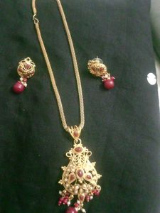 Golden Maroon Colour Necklace Earring Set
