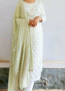 White And Green Embroidered Beautiful Churidhar