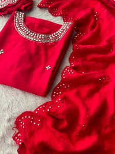 Negotiable Red Kurta Set with Mirror Work