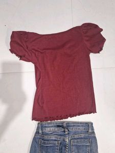 Maroon Puff Sleeve Top with Patched Jeans