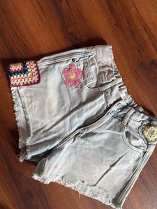 Zara Distressed Denim Shorts with Crochet Patches