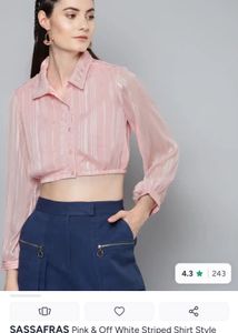 Pink &amp; Off White Striped Cropped Shirt