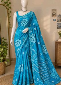 Beautiful Blue Floral Print Saree