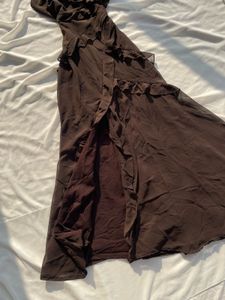 Brown legslit Ruffle Maxi Dress
