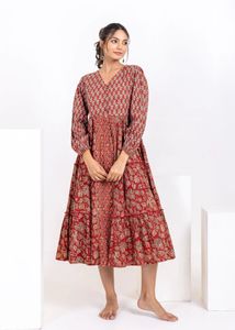 Hand Block Print Rust Midi Dress