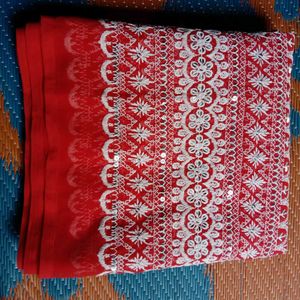 Reddish-orange Lucknowi Chikankari  Fabri