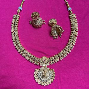 Traditional Gold Lakshmi Necklace & Jhumka Earring