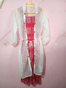 Red Printed Dress with White Lace Jacket Set