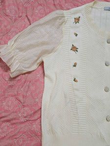 Chic Cream Floral Puff Sleeve Knit Cardigan