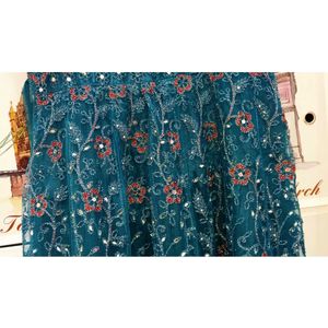 Elegant Teal Blue Party Wear Net Gown with Heavy S