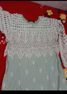 Elegant Mint Green Kurta Set with White Lace