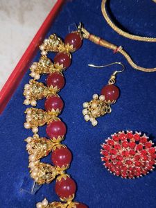 Red Beaded Jewellery Set with Ring