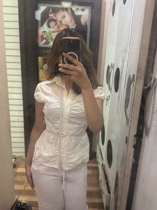 Chic White Ruched Button-Up Top