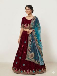 Exquisite Maroon Velvet Lehenga Choli
