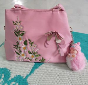Cute Pink Embroidered Handbag with Adorable Charm