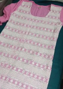Pink &amp; White Embellished Kurti