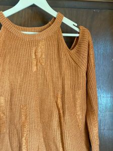 Orange Distressed Cold Shoulder Sweater