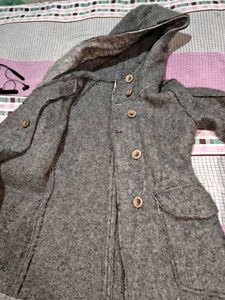 Gray Hooded Wool Blend Coat