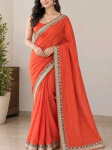 Vibrant Orange Saree with Mirror Work Border