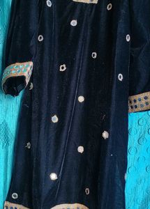 Elegant Black Velvet Kurta with Mirror Work stitch