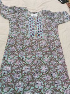 Light Blue Floral Print Cotton Kurta