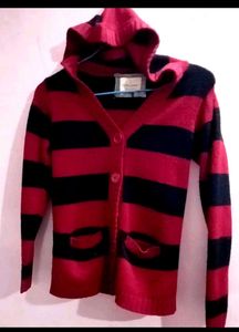 Red & Black Striped woolen Hooded Cardigan