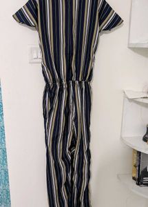 Navy Blue and Beige Striped Basic Jumpsuit