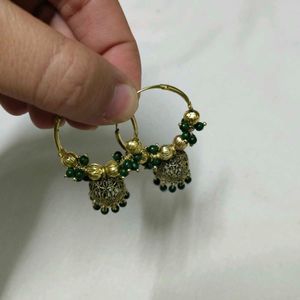 Ethnic Jhumka Hoop Earrings Green Beads