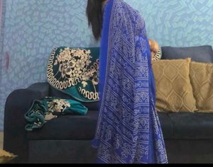 Elegant Blue Saree blouse with White Print