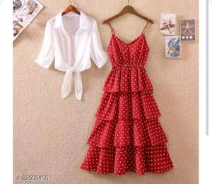 Red Polka Dot Tiered Dress with White Shirt