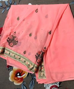Elegant Peach Embroidered Saree