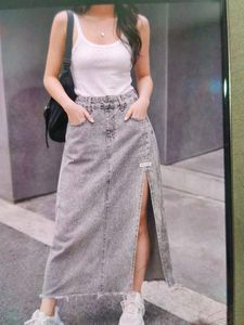 Denim Midi Skirt with Slit