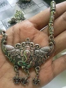 Ganesha Oxidised Silver Necklace Set