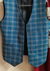 Men's Teal Checkered Waistcoat Set