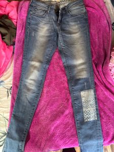 Distressed Patchwork Blue Denim Jeans
