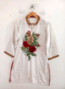 White With Floral Embroidered Kurtas (Women's)